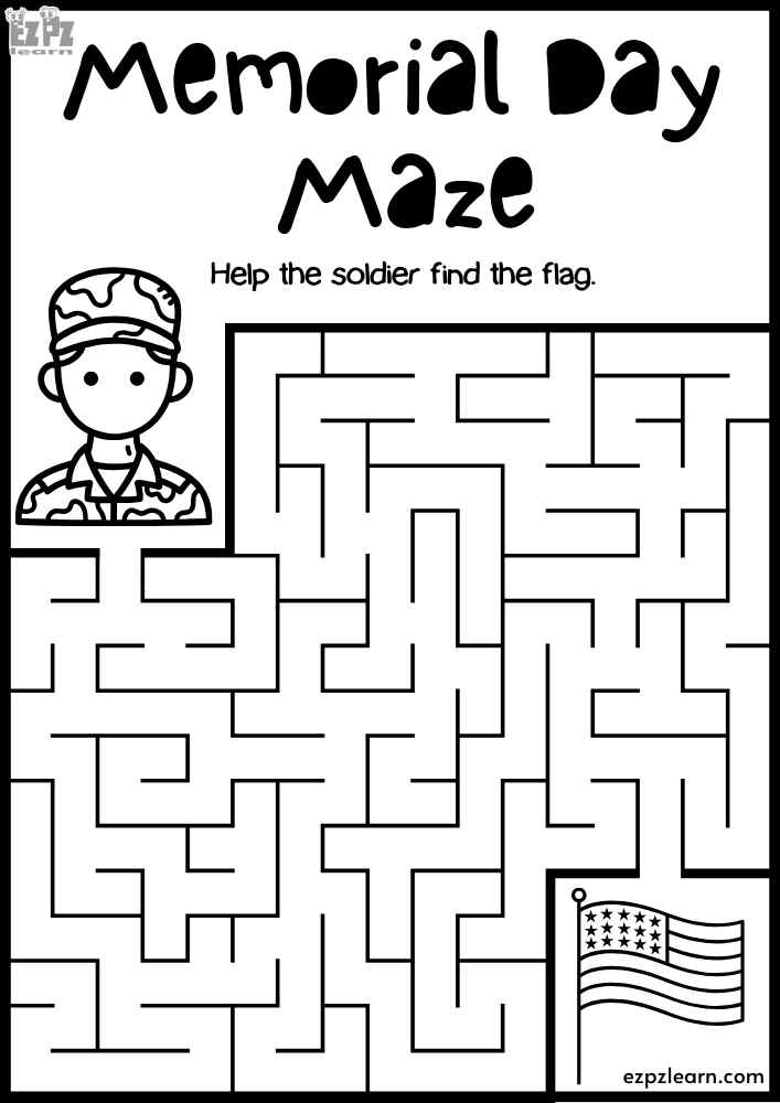 This fun and engaging patriotic maze challenges kids to help the soldier find the American flag.